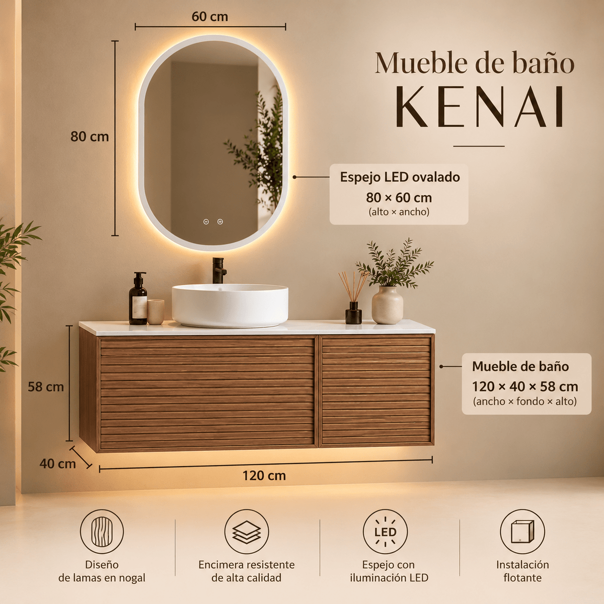 Móveis de banheiro KENAI 120 cm com pia de bancada e espelho LED - Vintahome