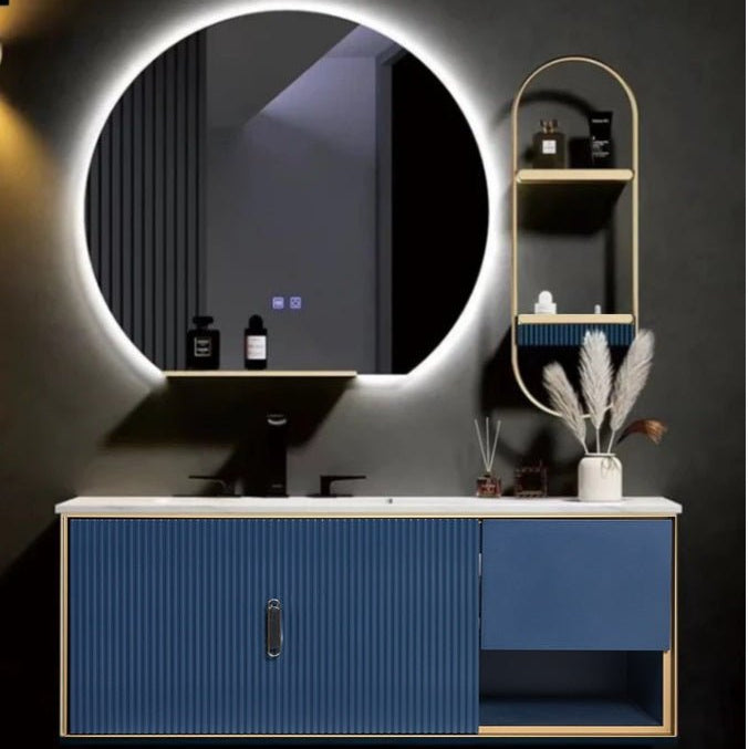 Meuble de salle de bain laqué bleu Miroir Led 4 pièces de 100 cm Alpine