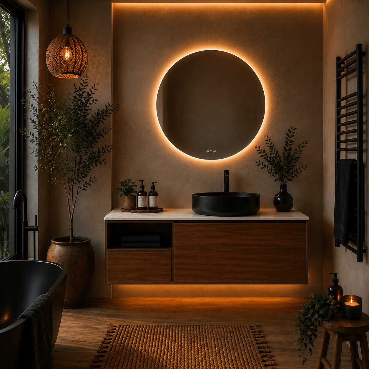 Mueble de Baño Olena 120 cm con Lavabo Redondo Negro y Espejo LED - Vintahome