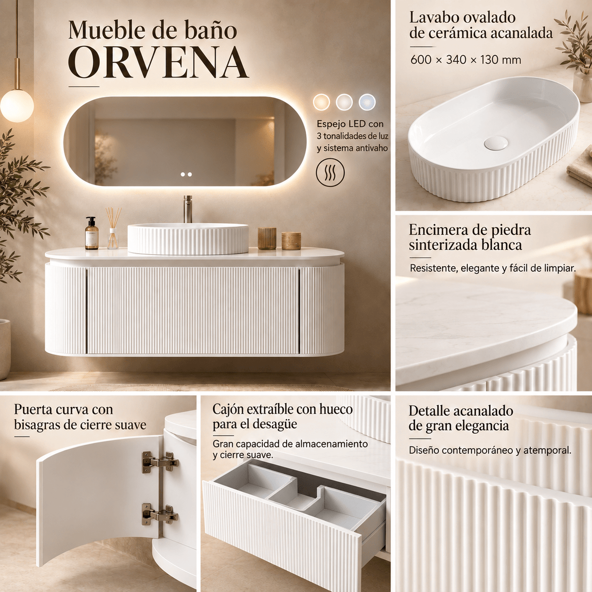 Mueble de baño Orvena 140 cm con lavabo y espejo LED - Vintahome