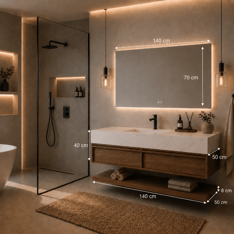 Mueble de baño suspendido 4 piezas Alira 140 acabado nogal, piedra sinterizada y espejo LED - Vintahome
