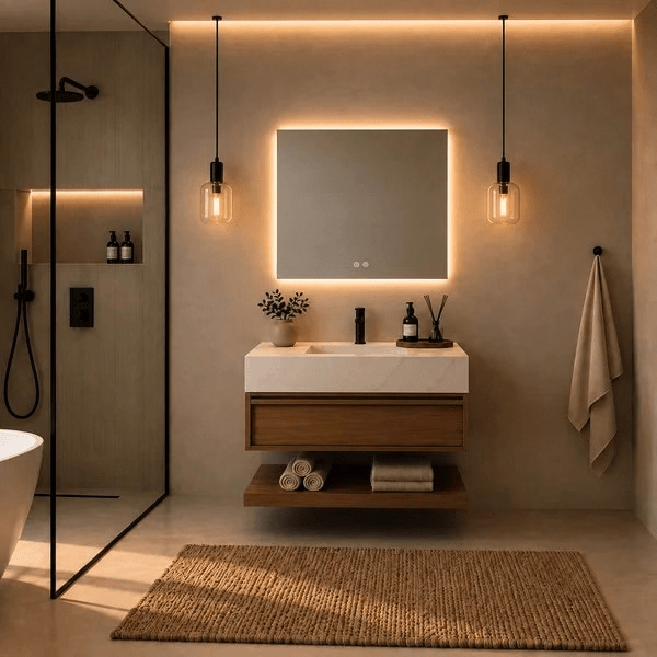 Meuble de salle de bain suspendu Alira 4 pièces finition noyer, pierre frittée et miroir LED - Vintahome