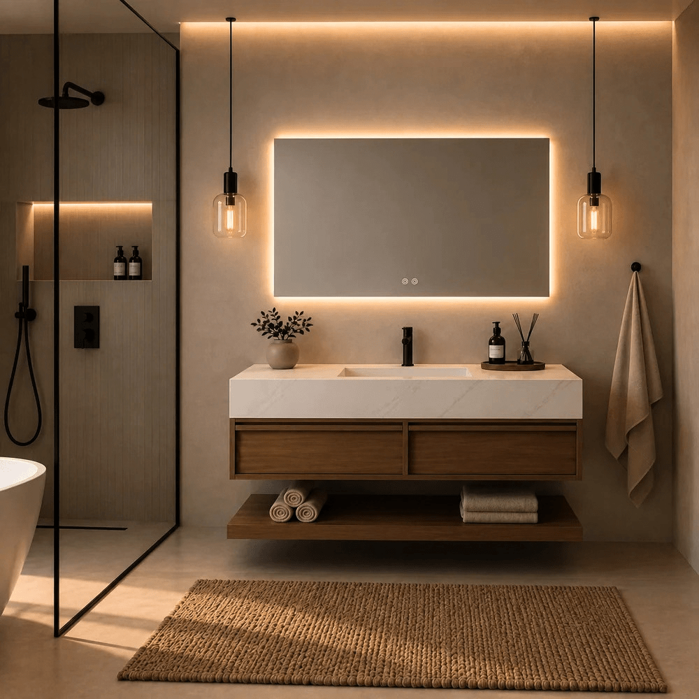Meuble de salle de bain suspendu Alira 4 pièces finition noyer, pierre frittée et miroir LED - Vintahome