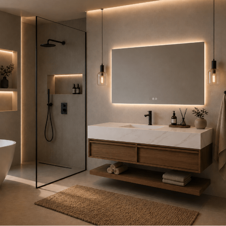 Mueble de baño suspendido 4 piezas ZENIA 140 acabado nogal, piedra sinterizada y espejo LED - Vintahome
