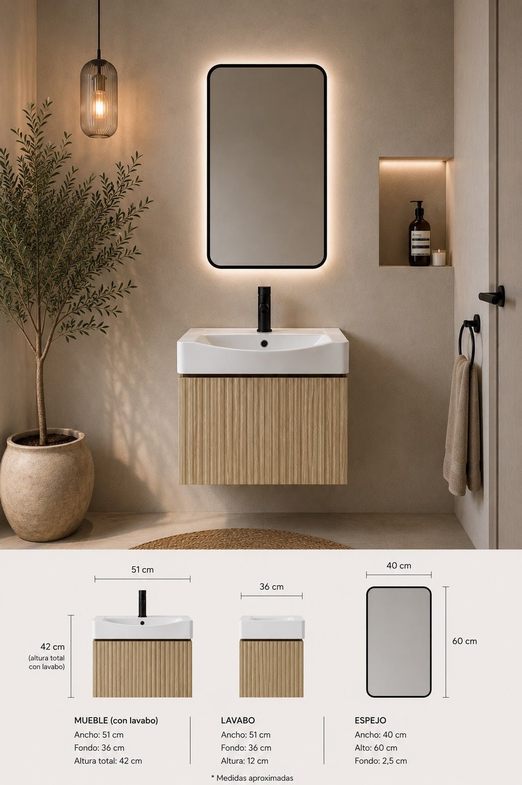 Mueble de baño suspendido NORI 50 con espejo LED y lavabo cerámico - Vintahome