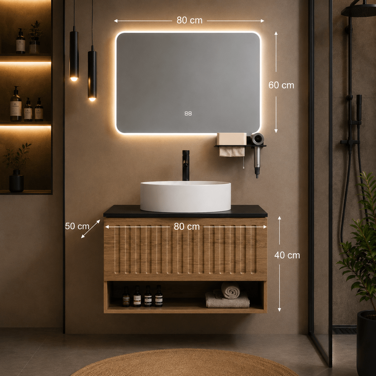 Mueble de Baño Yuri 80 cm con Espejo LED y Lavabo Cerámico - Vintahome