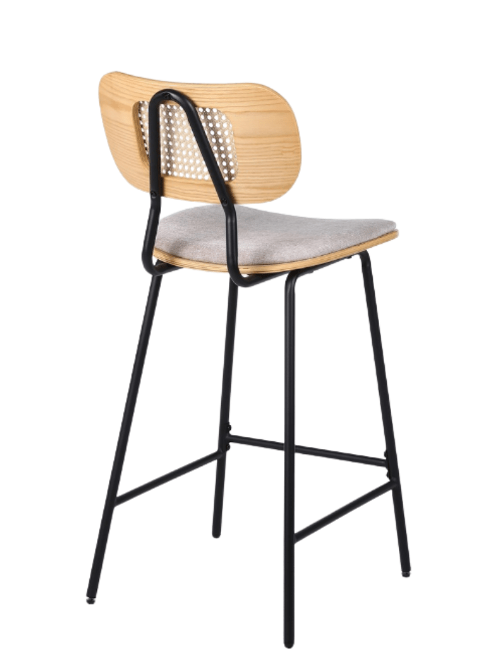 Pack de 2 taburetes de bar H65 madera natural, ratán y tela beige Alan - Vintahome