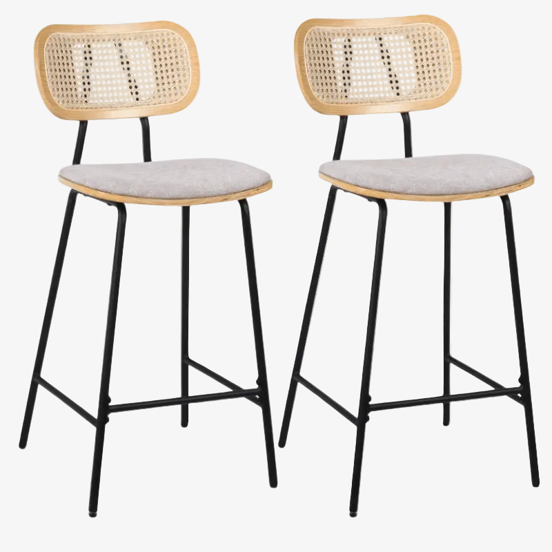 Pack de 2 bancos altos H65 madeira natural, rotim e tecido bege Alan - Vintahome