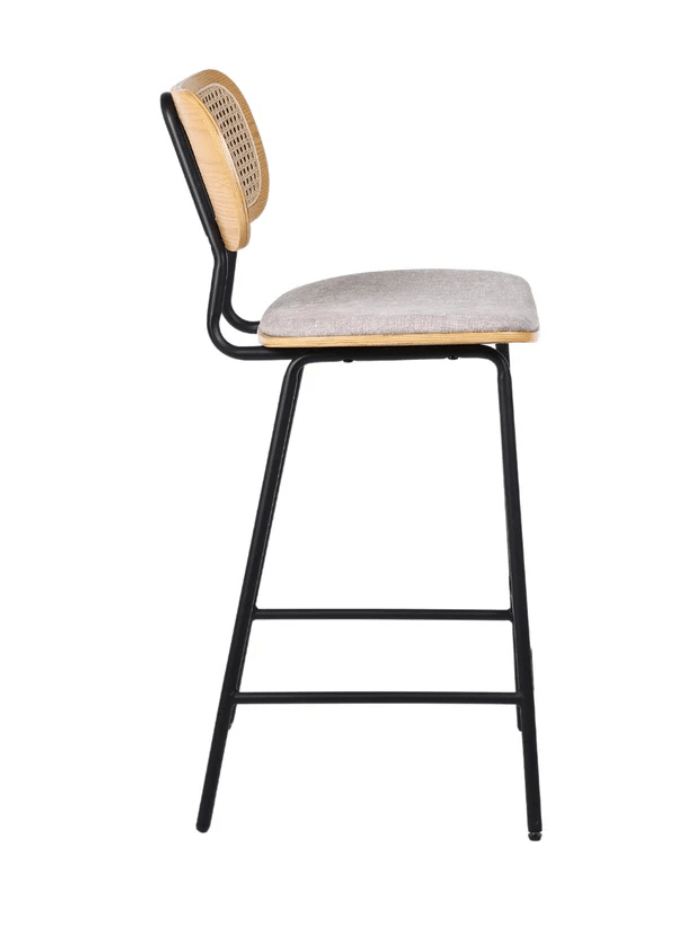 Pack de 2 taburetes de bar H65 madera natural, ratán y tela beige Alan - Vintahome