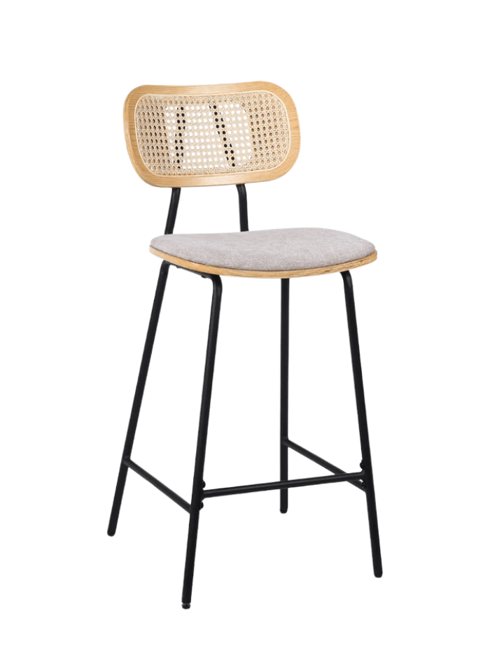 Pack de 2 taburetes de bar H65 madera natural, ratán y tela beige Alan - Vintahome