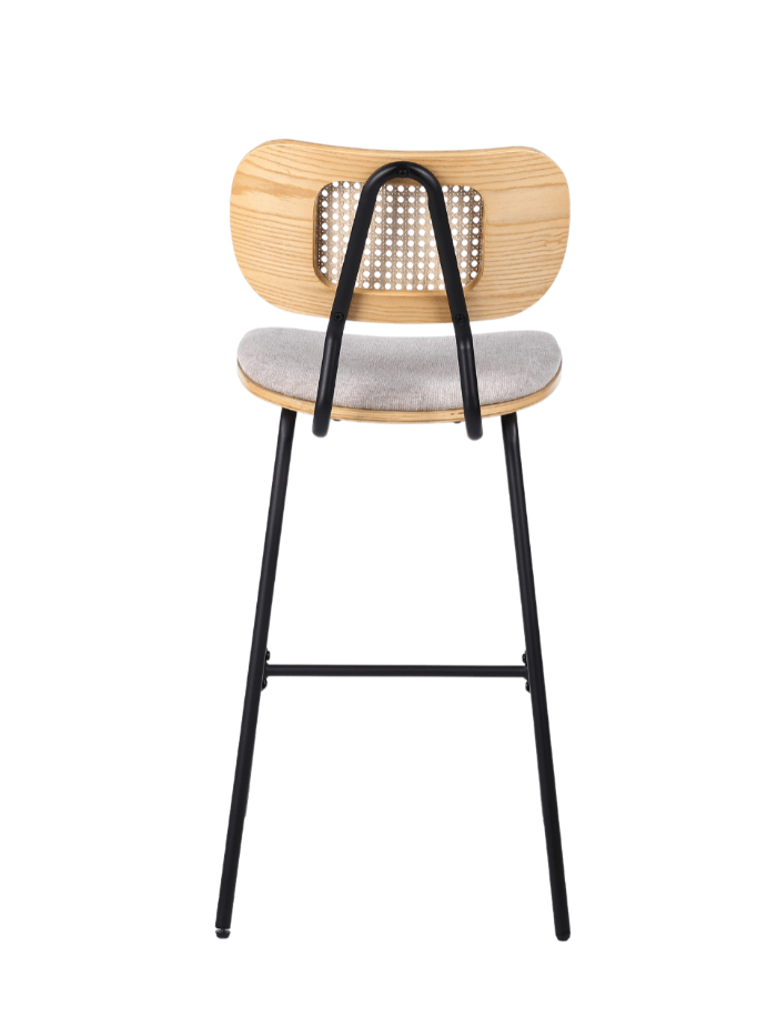 Pack de 2 taburetes de bar H65 madera natural, ratán y tela beige Alan - Vintahome