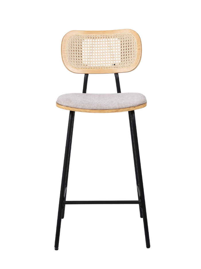Pack de 2 taburetes de bar H65 madera natural, ratán y tela beige Alan - Vintahome