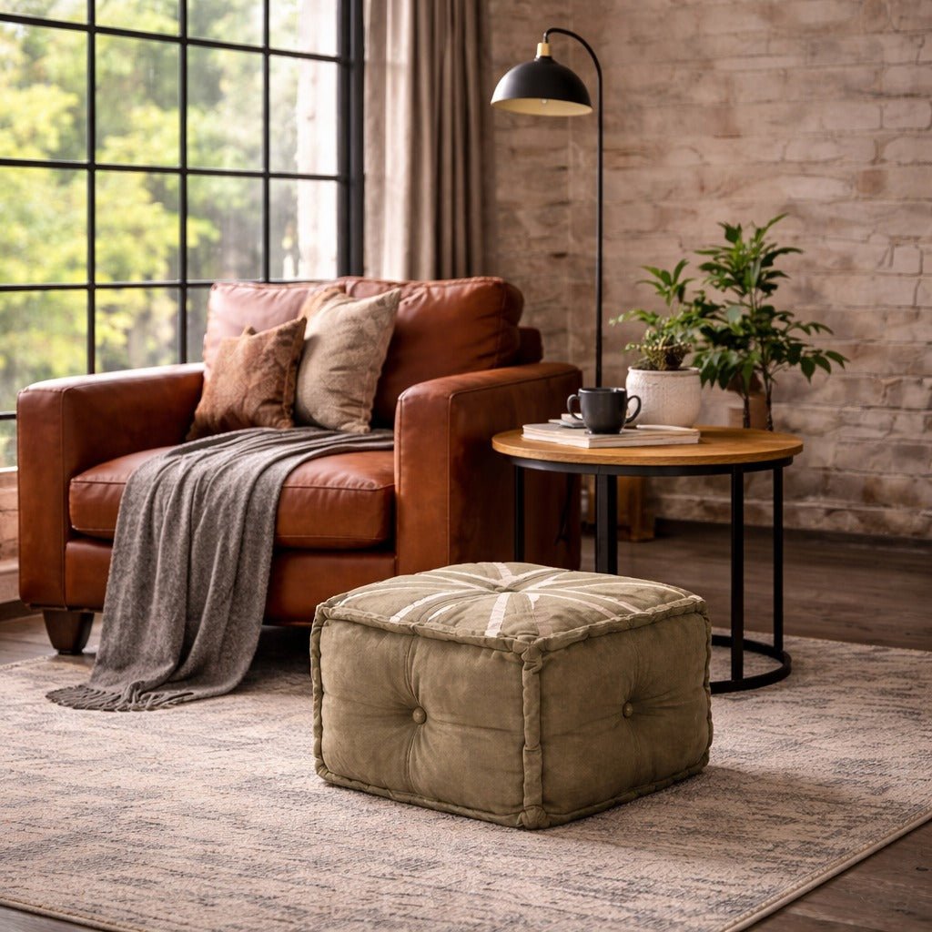 Puff cuadrado vintage de tejido y cuero - Vintahome