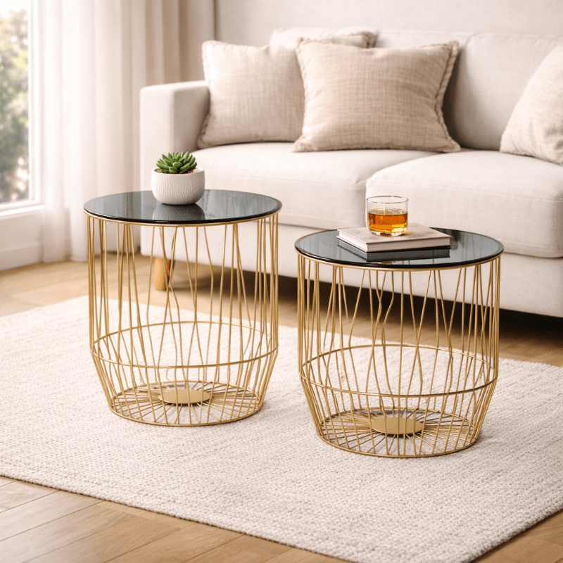 Set mit 2 Beistelltischen aus Glas und goldenem Stahl Sacha - Vintahome