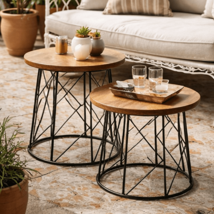 Set 2 mesas de centro de madera y acero Douzen - Vintahome