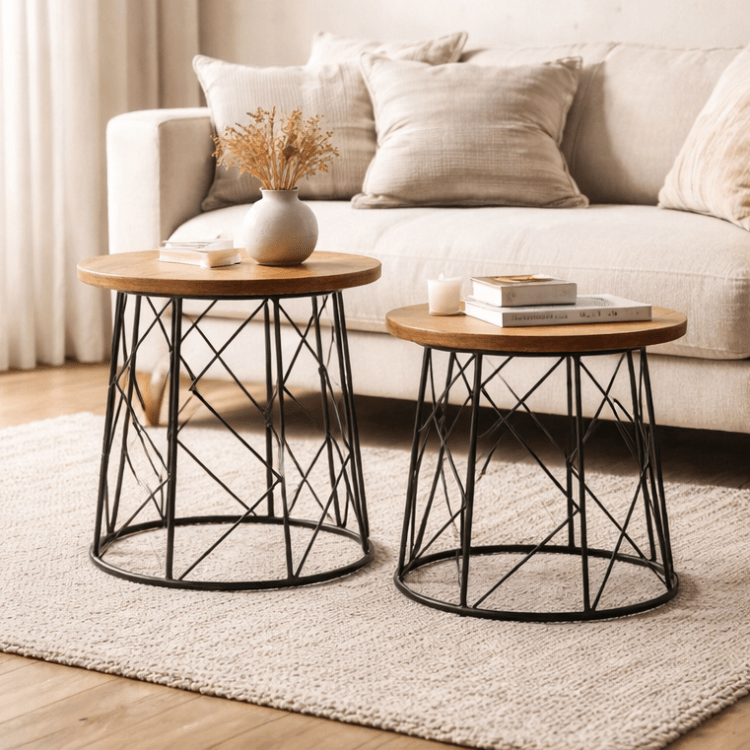 Set mit 2 Douzen-Couchtischen aus Holz und Stahl – Vintahome