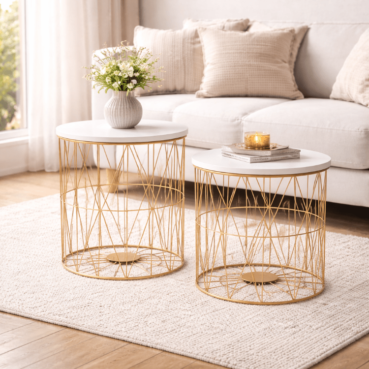 Set mit 2 Couchtischen aus Bruno-Holz und goldenem Stahl – Vintahome