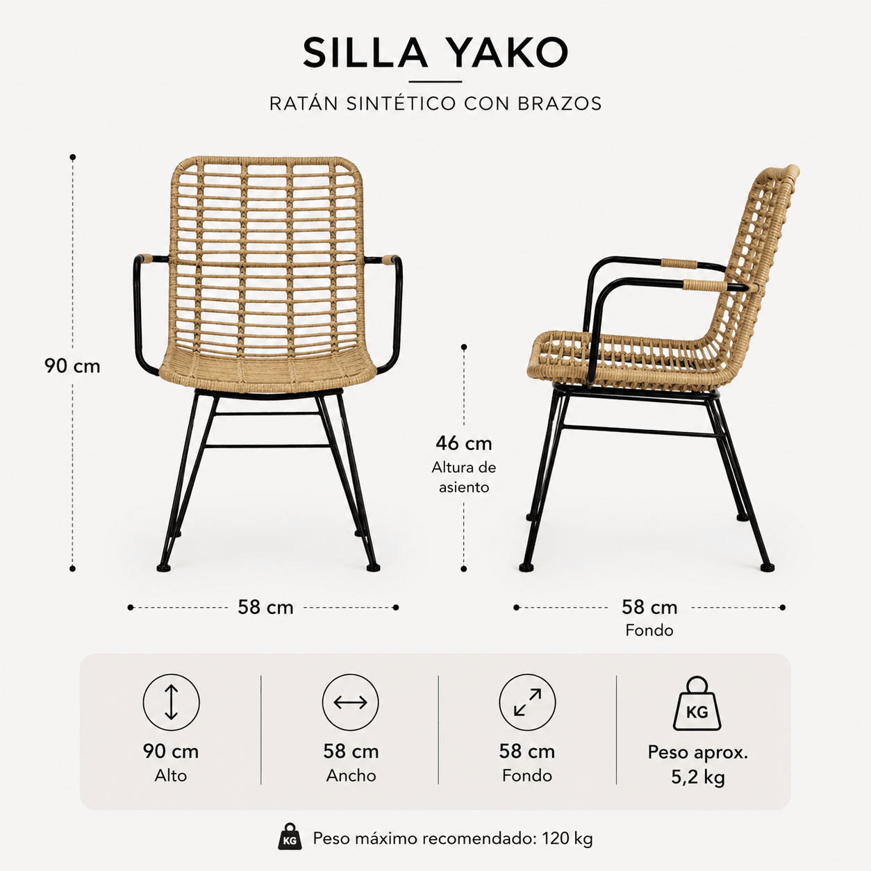 Chaise de salle à manger en rotin Yako avec accoudoirs naturels - Vintahome