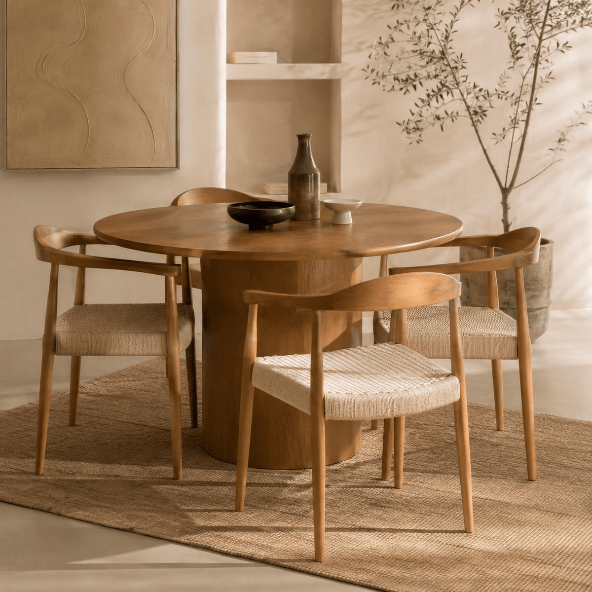 Silla de comedor reposabrazos madera y asiento enea Nevu natural - Vintahome