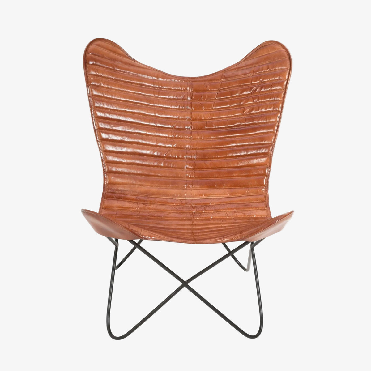 Vintage bruin leren vlinderstoel met gestreepte bekleding