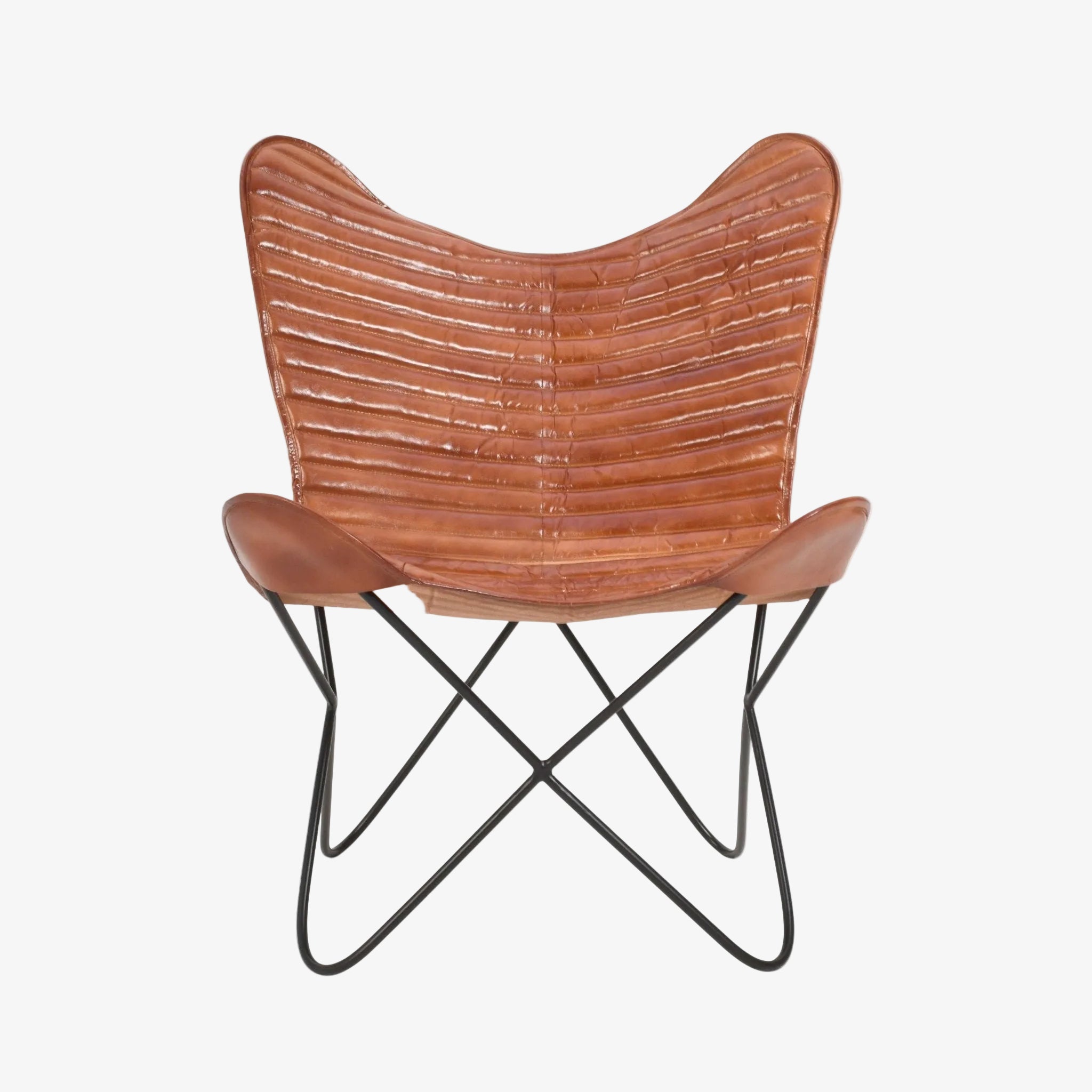 Vintage bruin leren vlinderstoel met gestreepte bekleding