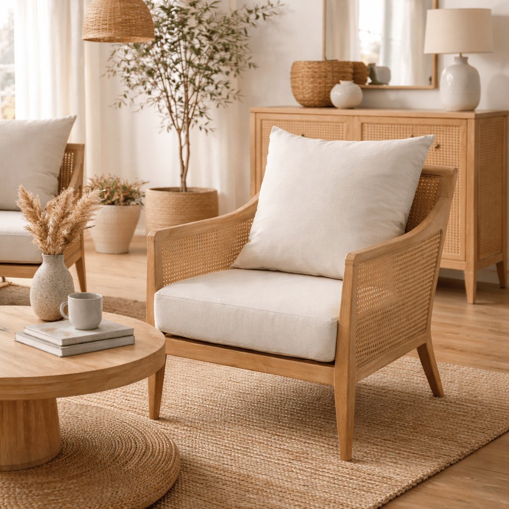 LIRA-Sessel aus Holz und natürlichem Rattan mit Kissen