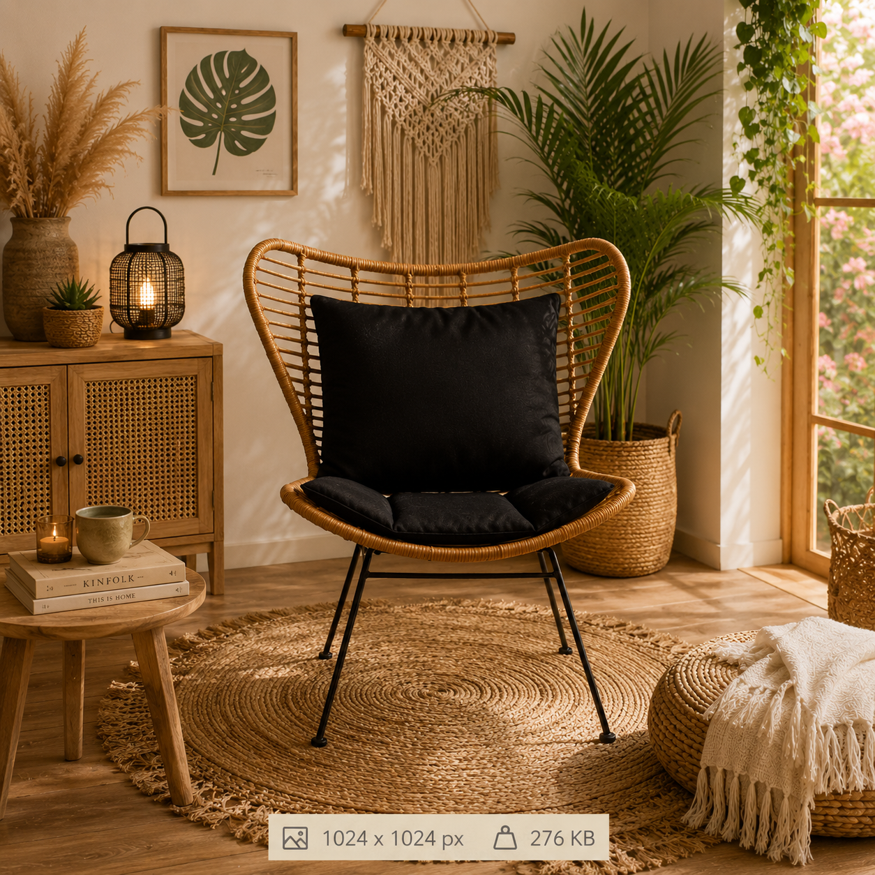 Sillón Madame de ratán sintético en ambiente boho natural