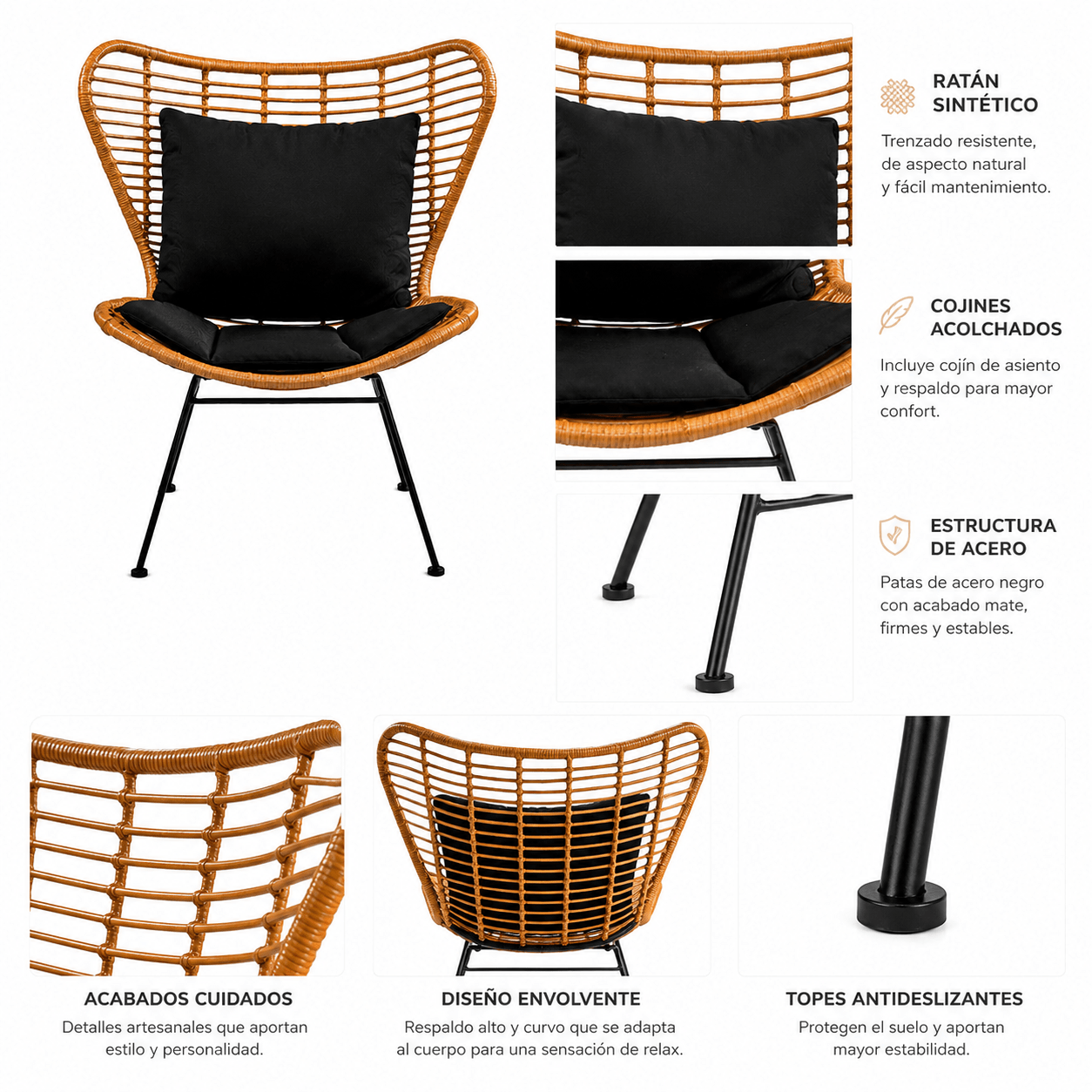 Fauteuil Madame en rotin synthétique et acier noir - Vintahome