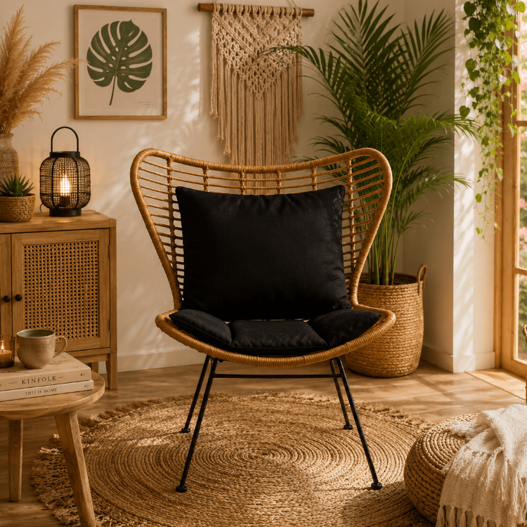 Fauteuil Madame en rotin synthétique et acier noir - Vintahome