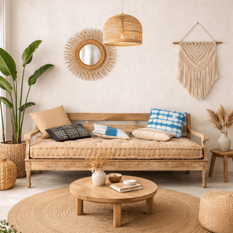 Sofá tallado madera mango rústico Barny - Vintahome