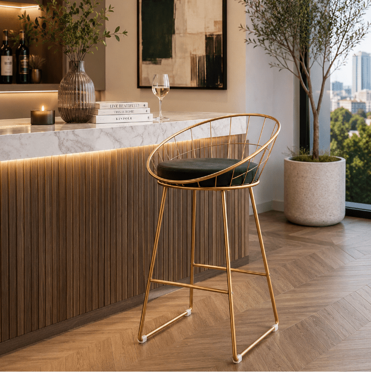 Taburete de bar acero dorado y terciopelo verde Stefano - Vintahome