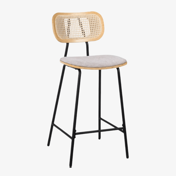 Taburete de bar H65 madera natural, ratán y tela beige Alan - Vintahome