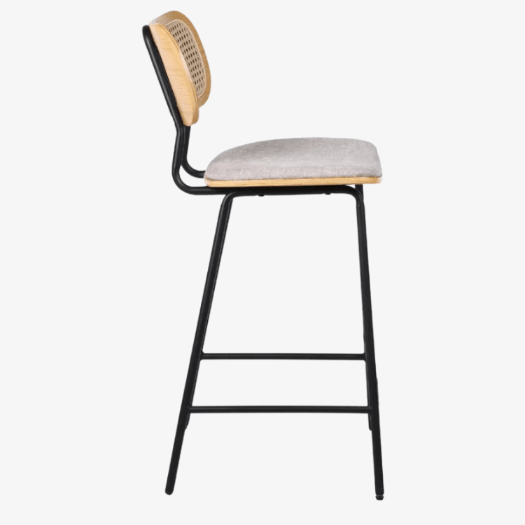 Taburete de bar H65 madera natural, ratán y tela beige Alan - Vintahome