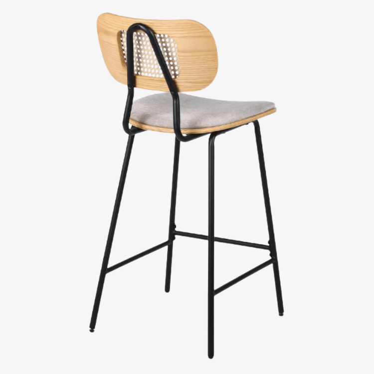 Taburete de bar H65 madera natural, ratán y tela beige Alan - Vintahome