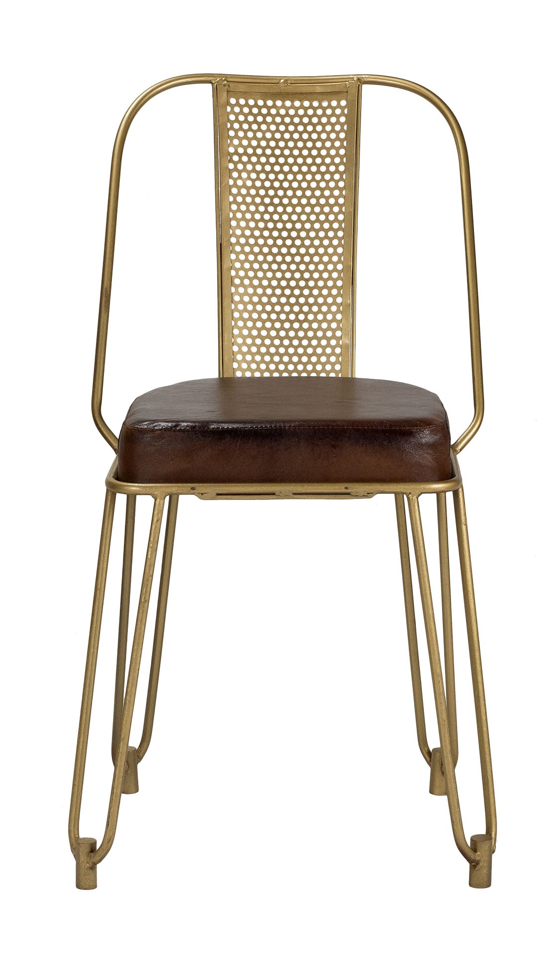 Silla de comedor Vintage de acero dorado y cuero marrón Silvain - Comprar silla de comedor de cuero