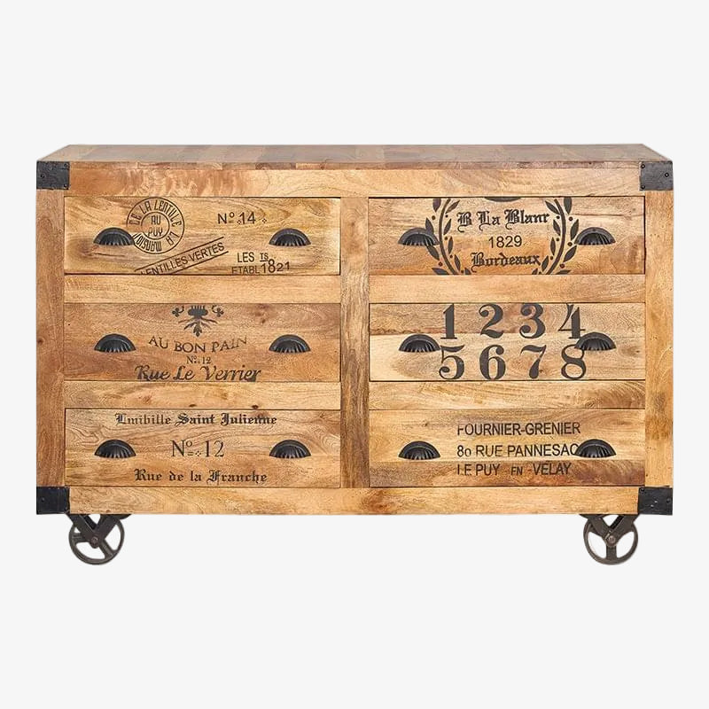 Aparador Caroline de madera de mango con ruedas estilo industrial
