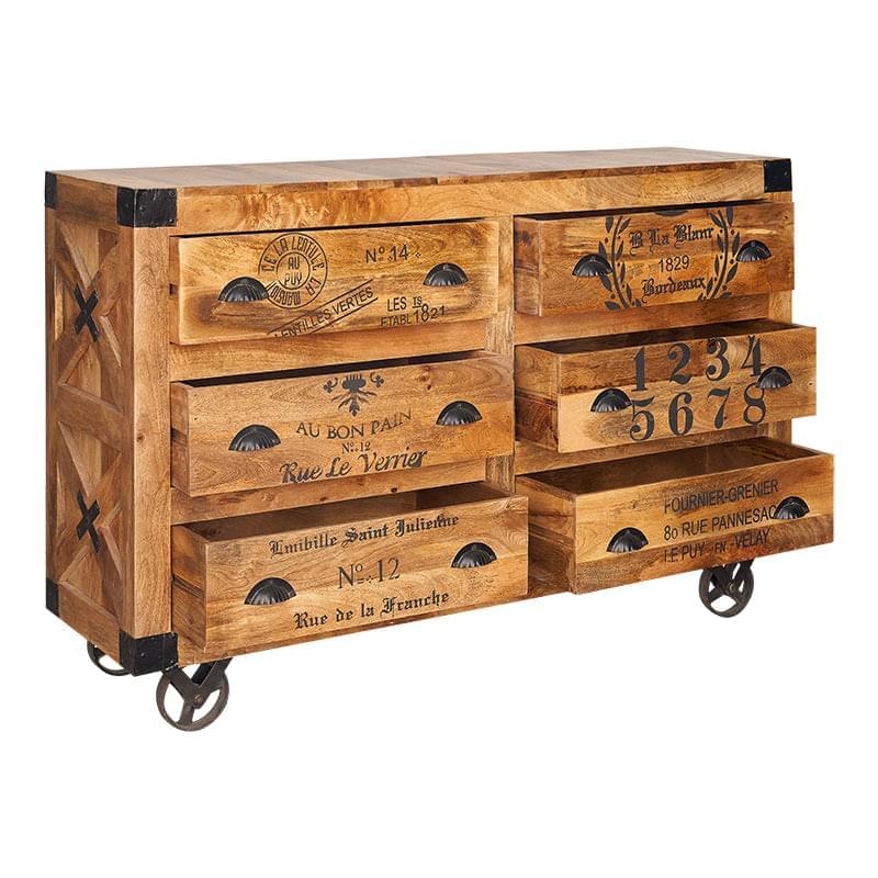 Aparador ruedas móvil 6 cajones madera mango Caroline