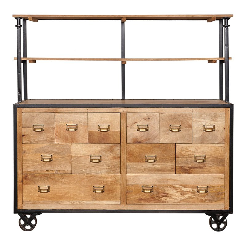 Industriële plank met laden en romuswielen