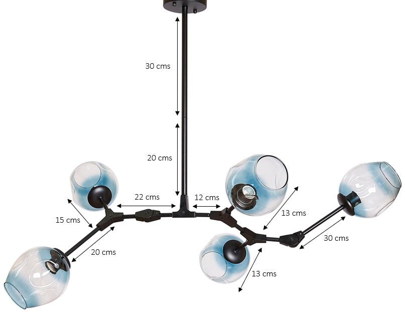 Lámpara de techo 5 brazos acero negro y cristal azul Chandelier