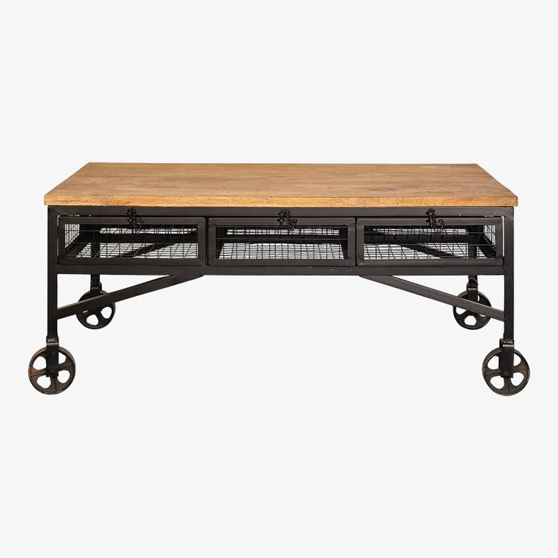 Mango Wood Industrial Center Tisch mit Castell -Rädern