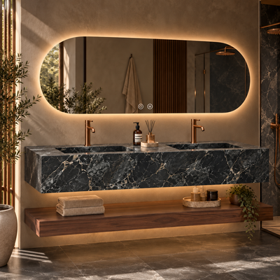Lavabo suspendido doble Altessa 140 cm  Piedra Sinterizada y Nogal