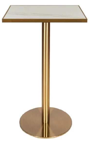 Mesa de bar alta piedra sinterizada con borde dorado 70x70