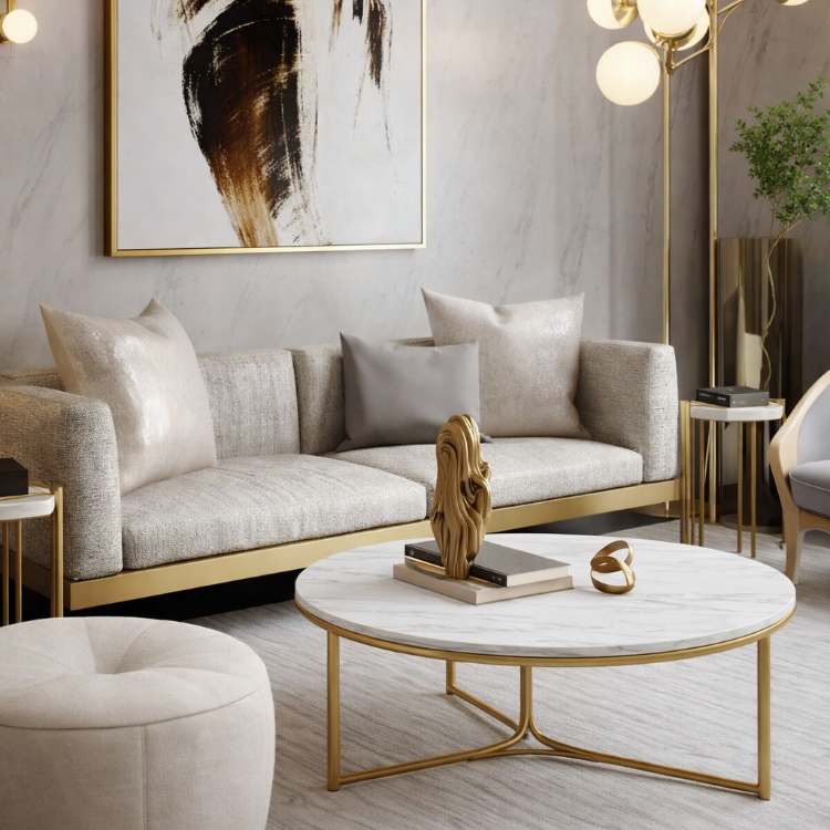 Mesa de centro efecto mármol y acero dorado Gael