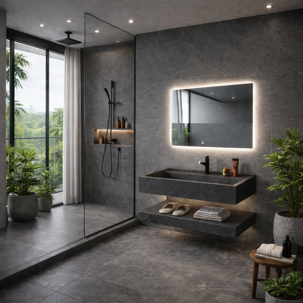 Lavabo Nero de piedra sinterizada negra con espejo LED – Conjunto suspendido de baño 100 y 120