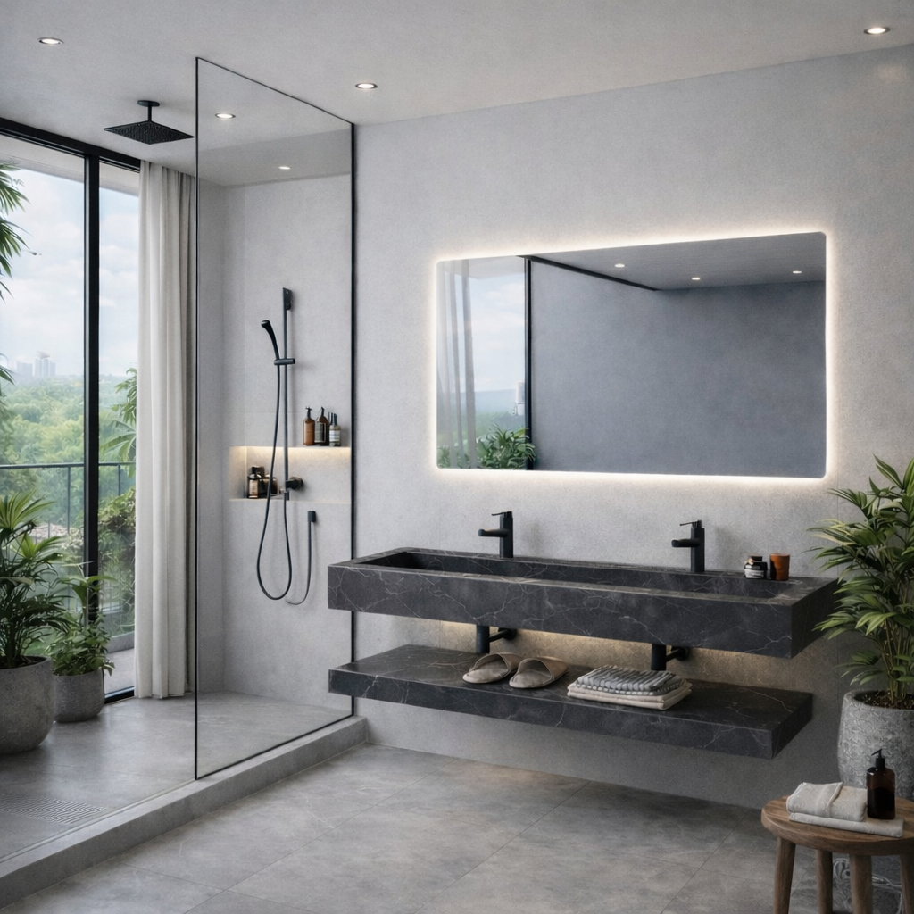 Lavabo Nero de piedra sinterizada negra con espejo LED – Conjunto suspendido de baño 100 y 120