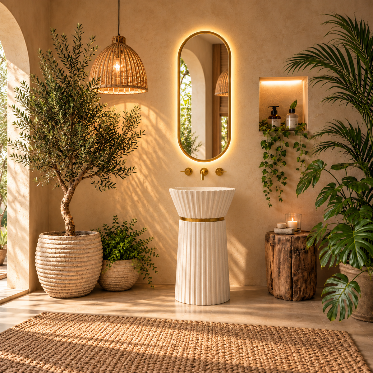 Lavabo de Pie Nela Stone Blanco con Aro Dorado