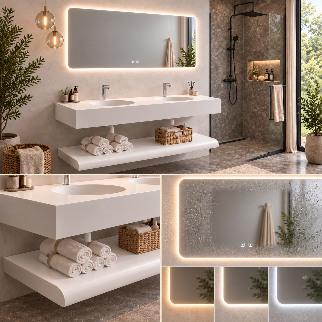 Lavabo Lyra Stone 140 con due vasche e specchio LED