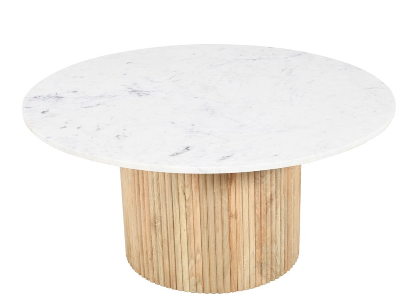 Table centrale ronde en marbre blanc et en bois de mangue corallienne