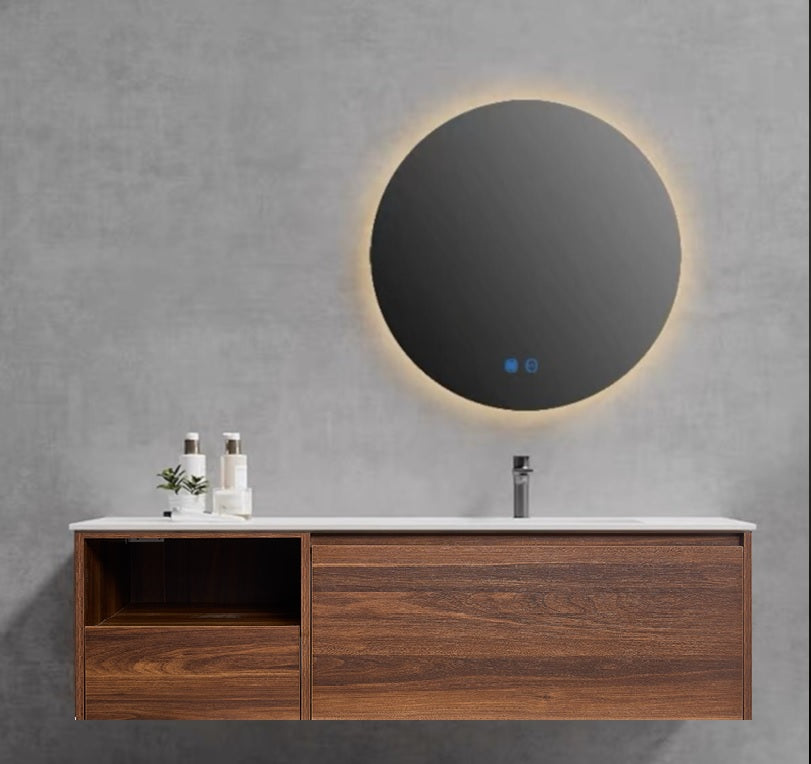 Meuble de salle de bain en noyer avec lavabo et miroir LED 120 cm Monte