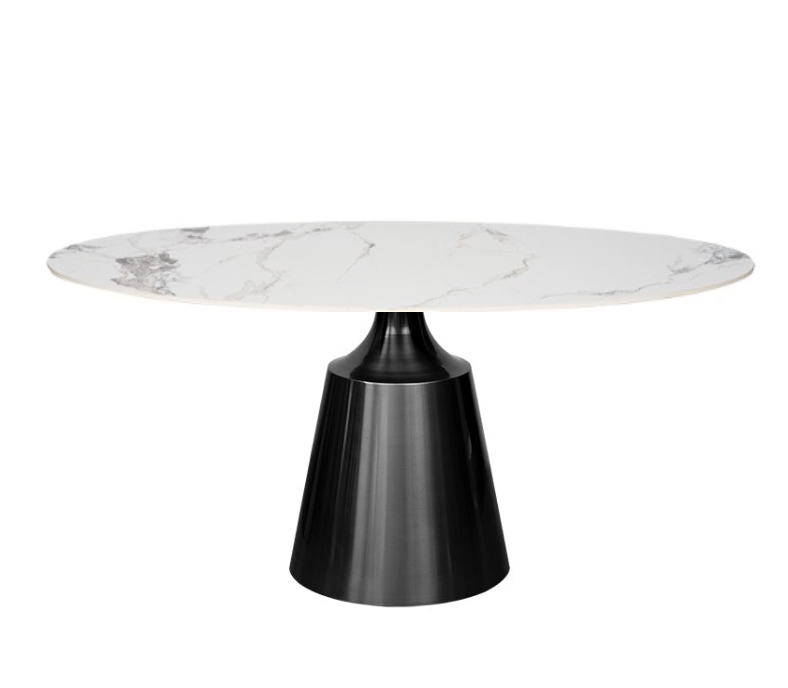 Mesa de jantar oval 160/180 cinza grafite base ônix pedra sinterizada